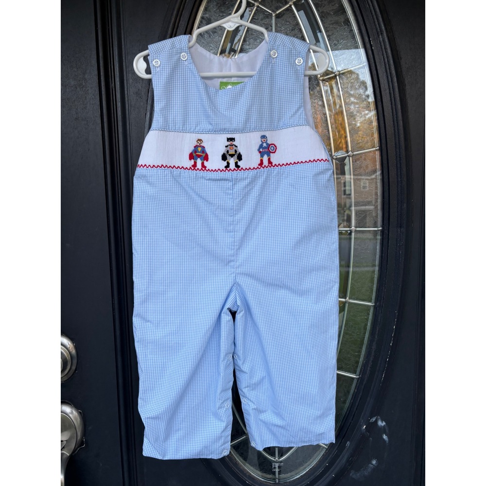 Classic Whimsy Boys Blue Gingham Smocked Superhero Jon Jon Romper 24M